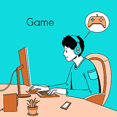 PSD 라이프스타일 남자 하늘색 일러스트 한명 사람 취미 컴퓨터 갈색 게임 게임기 동호회 남자한명만 국내일러스트 1 컬러 놀이 생활 파란색 전자제품 남자만 파일형식