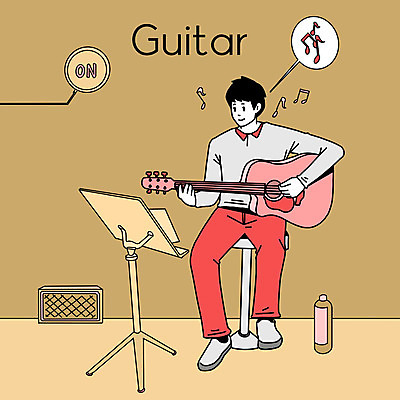 PSD 라이프스타일 남자 연주 일러스트 한명 사람 취미 빨간색 갈색 통기타 동호회 남자한명만 국내일러스트 1 음악 컬러 생활 기타 남자만 파일형식