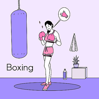 PSD 라이프스타일 여자 일러스트 한명 사람 취미 운동 보라색 권투 샌드백 동호회 여자한명만 국내일러스트 1 컬러 건강 생활 격투기 여자만 파일형식
