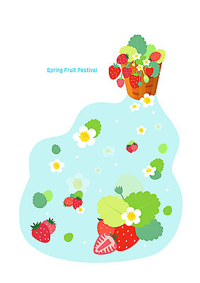 PSD 꽃 잎 과일 일러스트 딸기 사람없음 파란색 바구니 축제 봄 딸기꽃 봄축제 딸기잎 국내일러스트 식물 계절 컬러 파일형식