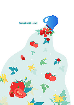 PSD 꽃 잎 토마토 과일 일러스트 방울토마토 주전자 사람없음 파란색 축제 봄 봄축제 국내일러스트 식물 계절 컬러 채소 주방용품 파일형식