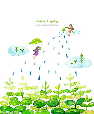 PSD 구름 여자 일러스트 상상 자연 하늘 수채화 요정 들기 사람 풍경 두명 초록색 새싹 봄 비행 비 뿌리기 여자만 국내일러스트 자연요소 식물 계절 컬러 모션 날씨 생태계 파일형식