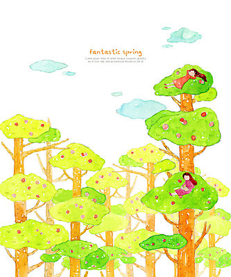 PSD 나무 구름 여자 일러스트 상상 자연 하늘 수채화 요정 사람 풍경 두명 초록색 눕기 독서 봄 숲 여자만 국내일러스트 자연요소 식물 계절 컬러 모션 생태계 파일형식