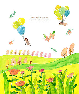 PSD 여자 꽃잎 꽃밭 일러스트 상상 자연 하늘 수채화 요정 사람 풍경 두명 초록색 봄 비행 풍선 여자만 흩날리기 국내일러스트 계절 꽃 컬러 모션 생태계 파일형식