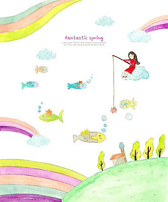 PSD 여자 무지개 일러스트 상상 자연 낚시 수채화 요정 어류 사람 풍경 컬러풀 봄 언덕 여자한명만 물고기떼 국내일러스트 자연요소 계절 컬러 레저 수중동물 생태계 여자만 파일형식