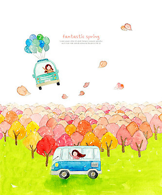 PSD 여자 분홍색 일러스트 상상 자연 수채화 버스 요정 꽃나무 사람 풍경 두명 봄 비행 숲 풍선 탑승객 여자만 국내일러스트 나무 계절 꽃 육상교통 컬러 대중교통 승차 생태계 파일형식