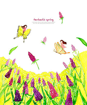 PSD 여자 나비 일러스트 상상 자연 수채화 요정 사람 풍경 두명 보라색 봄 비행 허브 라벤더 여자만 국내일러스트 식물 계절 꽃 컬러 곤충 생태계 파일형식