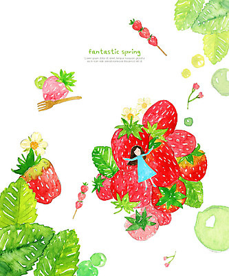 PSD 여자 잎 일러스트 상상 자연 딸기 수채화 요정 한명 사람 풍경 빨간색 눕기 봄 번짐 과일꼬치 여자한명만 국내일러스트 식물 1 계절 컬러 과일 모션 꼬치 생태계 여자만 파일형식 효과