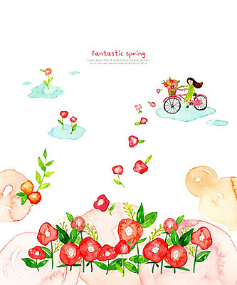 PSD 구름 여자 꽃 꽃밭 일러스트 상상 자연 수채화 요정 사람 풍경 빨간색 자전거 봄 탑승객 여자한명만 국내일러스트 자연요소 식물 계절 컬러 바이크 승차 생태계 여자만 파일형식