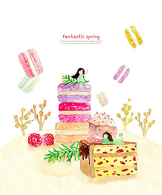 PSD 나무 여자 엎드리기 분홍색 일러스트 상상 자연 수채화 요정 사람 앉기 풍경 두명 케이크 봄 마카롱 여자만 국내일러스트 식물 계절 컬러 모션 디저트 생태계 파일형식