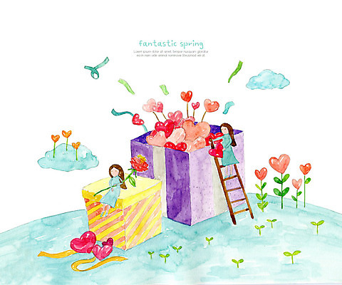 PSD 여자 일러스트 사다리 상상 자연 수채화 요정 선물 사람 풍경 두명 장미 새싹 보라색 봄 하트 오르기 여자만 국내일러스트 모양 식물 계절 꽃 컬러 모션 도구 생태계 파일형식