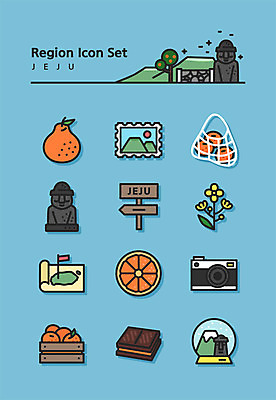 아이콘 한국 사람없음 파란색 관광지 세트 제주도 카메라 초콜릿 돌하르방 라인아이콘 한라봉 제주감귤 스노글로브 2D아이콘 AI파일 아시아 컬러 여행 과일 디저트 귤 장식 전자제품 특산물 파일형식 벡터