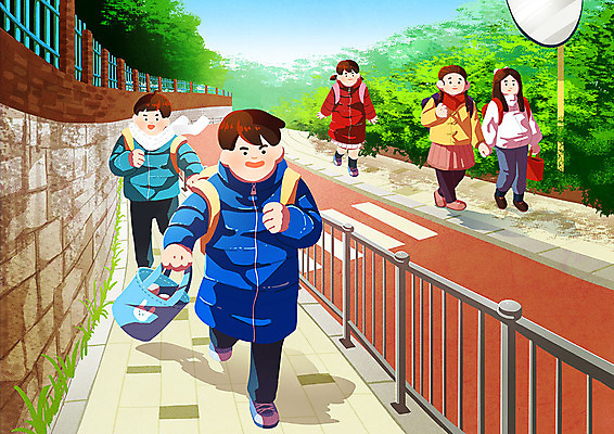 PSD 학생 여자 남자 초등학생 어린이 일러스트 난간 아침 사람 소녀 소년 여러명 친구 달리기 풀 횡단보도 즐거움 신학기 등교 어린이만 국내일러스트 주간 식물 감정 다수 관계 모션 보행로 등하교 파일형식