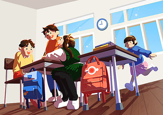 PSD 학생 여자 남자 초등학생 어린이 시계 가방 일러스트 창문 교실 사람 앉기 소녀 소년 친구 달리기 책상 즐거움 신학기 어린이만 국내일러스트 잡화 교육 감정 가구 학교 관계 모션 파일형식