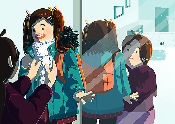 PSD 학생 여자 딸 초등학생 어린이 액자 일러스트 엄마 사람 소녀 성인 두명 반사 카펫 거울 즐거움 신학기 현관문 준비 청록색 신발장 여자만 국내일러스트 감정 컬러 가족 문 파일형식