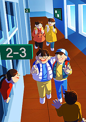 PSD 학생 여자 남자 초등학생 어린이 일러스트 창문 교실 바닥 알림판 사람 소녀 소년 여러명 친구 계단 가리킴 복도 즐거움 신학기 손인사 어린이만 국내일러스트 교육 감정 다수 학교 관계 손짓 인사 파일형식