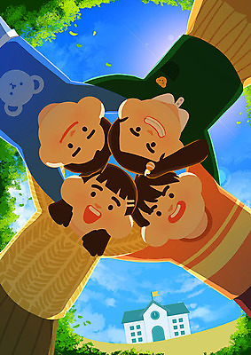 PSD 구름 학생 여자 남자 초등학생 어린이 일러스트 학교 하늘 어깨동무 사람 소녀 소년 여러명 친구 빛 풀 즐거움 신학기 어린이만 국내일러스트 자연요소 식물 교육 감정 포즈 다수 관계 파일형식