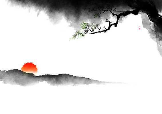 PSD 일러스트 캘리그라피 붓터치 산 풍경 사람없음 태양 일출 소나무 동양화 나무기둥 번짐 솔잎 낙관 국내일러스트 자연요소 나무 잎 미술 노을 파일형식 효과