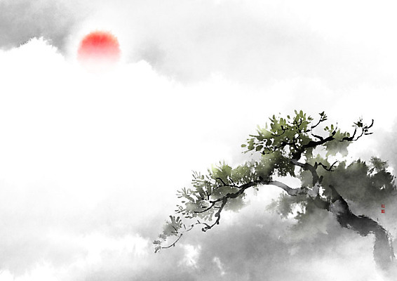 PSD 일러스트 캘리그라피 붓터치 산 풍경 사람없음 태양 일출 소나무 동양화 나무기둥 번짐 솔잎 낙관 국내일러스트 자연요소 나무 잎 미술 노을 파일형식 효과