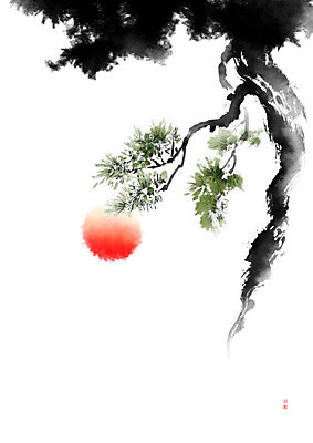 PSD 일러스트 캘리그라피 붓터치 풍경 사람없음 태양 일출 소나무 동양화 나무기둥 번짐 솔잎 낙관 국내일러스트 자연요소 나무 잎 미술 노을 파일형식 효과