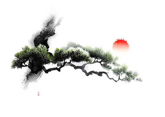 PSD 일러스트 캘리그라피 붓터치 풍경 사람없음 태양 소나무 동양화 나무기둥 번짐 솔잎 낙관 국내일러스트 자연요소 나무 잎 미술 파일형식 효과