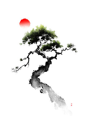 PSD 일러스트 캘리그라피 붓터치 풍경 사람없음 일출 소나무 동양화 나무기둥 번짐 솔잎 낙관 국내일러스트 나무 잎 미술 노을 파일형식 효과