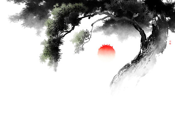 PSD 일러스트 캘리그라피 붓터치 풍경 사람없음 태양 일출 소나무 동양화 나무기둥 번짐 솔잎 낙관 국내일러스트 자연요소 나무 잎 미술 노을 파일형식 효과