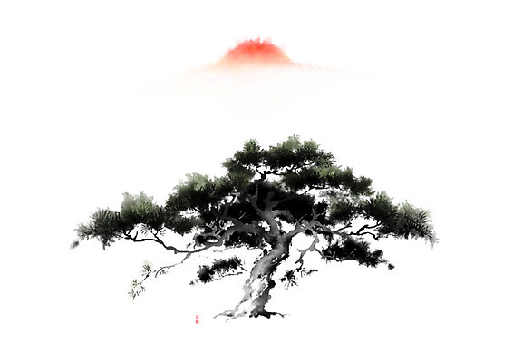 PSD 일러스트 캘리그라피 붓터치 풍경 사람없음 태양 일출 소나무 동양화 나무기둥 번짐 솔잎 낙관 국내일러스트 자연요소 나무 잎 미술 노을 파일형식 효과
