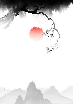 PSD 일러스트 캘리그라피 붓터치 산 풍경 사람없음 태양 일출 소나무 동양화 나무기둥 번짐 솔잎 낙관 국내일러스트 자연요소 나무 잎 미술 노을 파일형식 효과