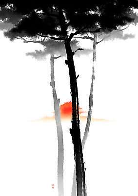 PSD 일러스트 캘리그라피 붓터치 풍경 사람없음 태양 일출 소나무 동양화 나무기둥 번짐 솔잎 낙관 국내일러스트 자연요소 나무 잎 미술 노을 파일형식 효과