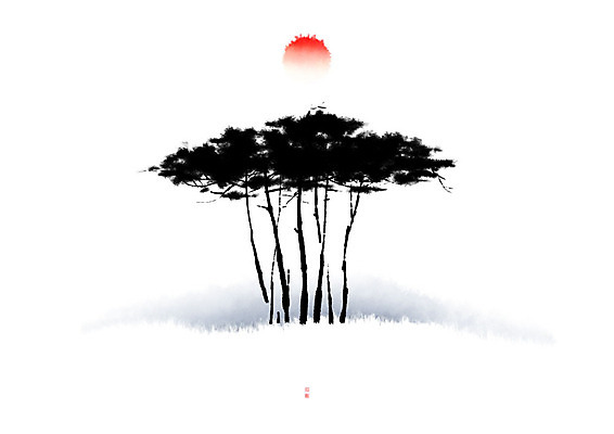 PSD 일러스트 캘리그라피 붓터치 풍경 사람없음 태양 일출 소나무 동양화 나무기둥 번짐 솔잎 낙관 국내일러스트 자연요소 나무 잎 미술 노을 파일형식 효과