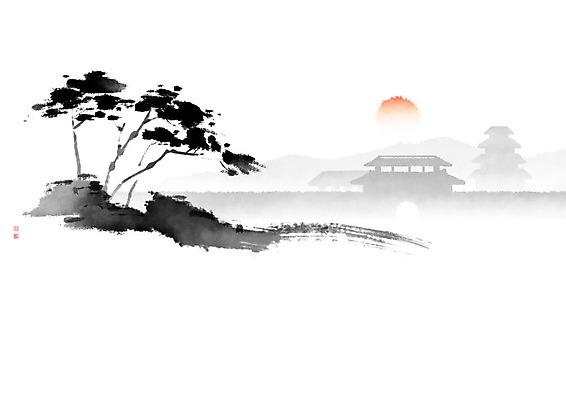 PSD 일러스트 캘리그라피 붓터치 산 한옥 주택 풍경 사람없음 태양 마을 일출 소나무 동양화 언덕 나무기둥 번짐 솔잎 낙관 대궐 국내일러스트 자연요소 나무 한국전통 고건축 잎 미술 건물 노을 파일형식 효과