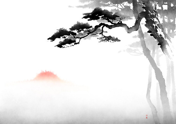 PSD 일러스트 캘리그라피 붓터치 풍경 사람없음 태양 일출 소나무 동양화 나무기둥 번짐 솔잎 낙관 국내일러스트 자연요소 나무 잎 미술 노을 파일형식 효과