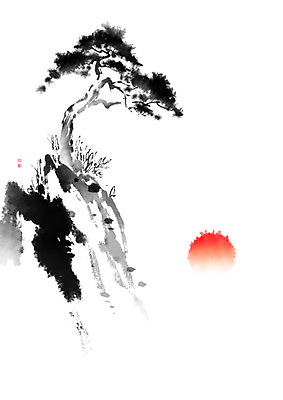 PSD 일러스트 캘리그라피 붓터치 풍경 사람없음 태양 일출 소나무 동양화 언덕 나무기둥 번짐 솔잎 낙관 국내일러스트 자연요소 나무 잎 미술 노을 파일형식 효과