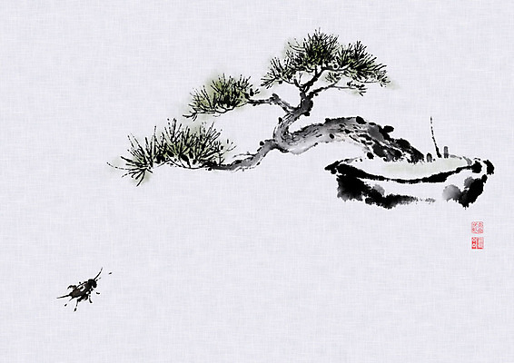 PSD 한마리 화분 일러스트 캘리그라피 붓터치 사람없음 소나무 동양화 번짐 분재 귀뚜라미 정물화 국내일러스트 나무 1 곤충 미술 그림 파일형식 효과