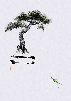 PSD 한마리 화분 일러스트 캘리그라피 붓터치 사람없음 소나무 동양화 번짐 분재 방아깨비 정물화 국내일러스트 나무 1 곤충 미술 그림 파일형식 효과