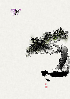 PSD 한마리 화분 나비 일러스트 캘리그라피 붓터치 사람없음 소나무 동양화 번짐 분재 정물화 국내일러스트 나무 1 곤충 미술 그림 파일형식 효과