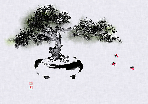 PSD 화분 일러스트 캘리그라피 붓터치 세마리 사람없음 소나무 동양화 무당벌레 번짐 분재 정물화 국내일러스트 나무 곤충 3 미술 그림 파일형식 효과