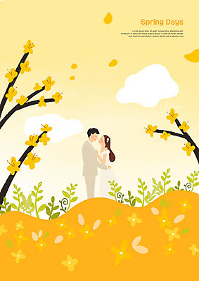 PSD 커플 여자 남자 꽃잎 데이트 일러스트 키스 사랑 사람 두명 노란색 봄 개나리 국내일러스트 계절 꽃 감정 컬러 관계 애정표현 파일형식