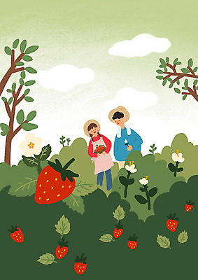 PSD 커플 여자 남자 데이트 일러스트 딸기 사랑 사람 두명 초록색 봄 딸기밭 딸기농장 국내일러스트 계절 감정 컬러 밭 과일 관계 농장 파일형식