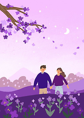 PSD 커플 여자 남자 데이트 일러스트 사랑 사람 두명 보라색 봄 산책 저녁 라일락 국내일러스트 계절 꽃 감정 컬러 관계 휴식 야간 파일형식