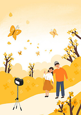 PSD 커플 여자 남자 꽃 꽃밭 데이트 일러스트 사랑 사람 두명 노란색 카메라 사진촬영 봄 셀프카메라 국내일러스트 식물 계절 감정 컬러 관계 전자제품 촬영 파일형식