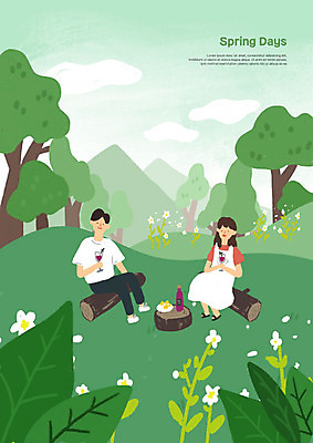 PSD 커플 여자 남자 데이트 일러스트 사랑 사람 두명 초록색 소풍 봄 캠핑 나무밑둥 국내일러스트 나무 계절 감정 컬러 관계 레저 야외활동 파일형식