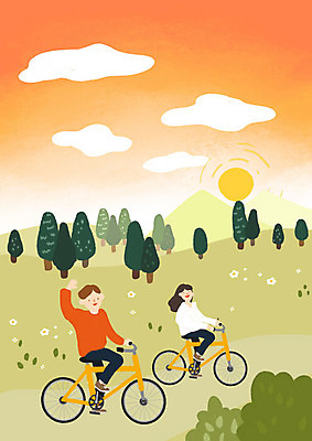 PSD 커플 여자 남자 데이트 일러스트 사랑 사람 두명 소풍 노을 자전거 주황색 봄 국내일러스트 자연요소 계절 감정 컬러 관계 야외활동 바이크 파일형식