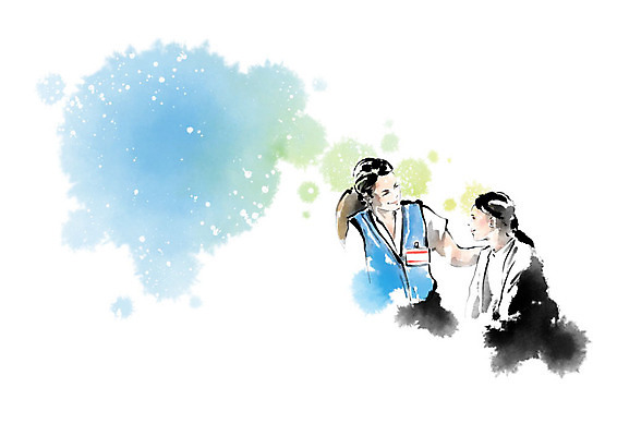 PSD 모자 여자 어린이 일러스트 캘리그라피 붓터치 함께함 대화 사람 소녀 두명 봉사 자원봉사자 번짐 나눔 명찰케이스 여자만 구호활동 국내일러스트 잡화 컨셉 말하기 도움 파일형식 효과