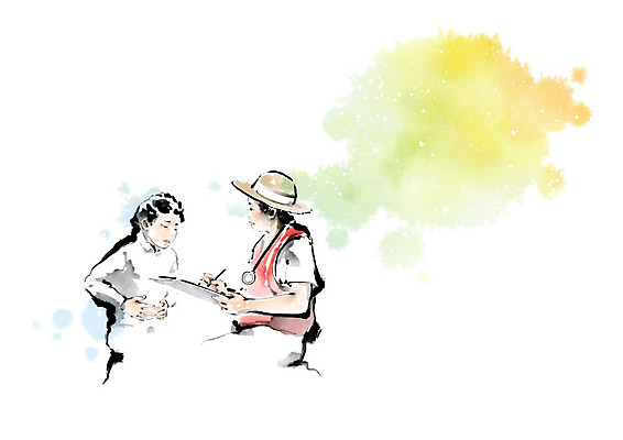 PSD 모자 여자 남자 어린이 일러스트 캘리그라피 청진기 붓터치 사람 소년 두명 펜 진료 고통 봉사 자원봉사자 번짐 나눔 서류판 구호활동 국내일러스트 잡화 감정 의학 의료기기 필기구 사무용품 도움 파일형식 효과