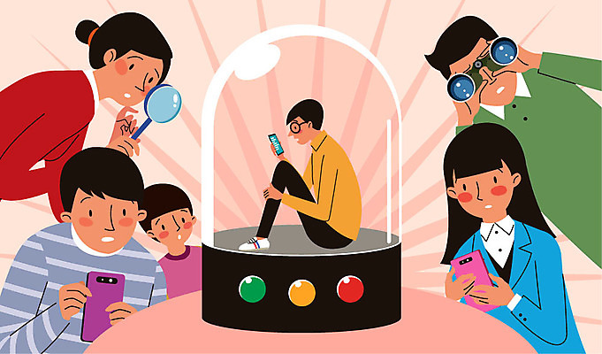 여자 남자 일러스트 돋보기 사람 여러명 스마트폰 망원경 예방 감시 자살예방 국내일러스트 AI파일 다수 핸드폰 스마트기기 파일형식 벡터