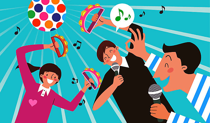 여자 남자 말풍선 음표 일러스트 노래 조명 사람 세명 마이크 예방 기분전환 탬버린 노래방 자살예방 국내일러스트 AI파일 기호 음악 음향기기 타악기 파일형식 벡터