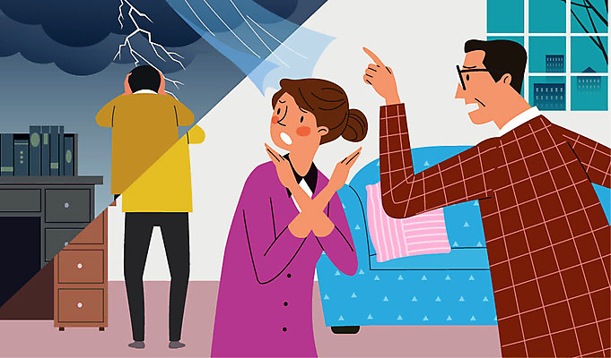 구름 여자 남자 쿠션 일러스트 창문 사람 책 세명 소파 금지 번개 책상 예방 우울감 자살예방 국내일러스트 AI파일 자연요소 감정 가구 의자 날씨 파일형식 벡터