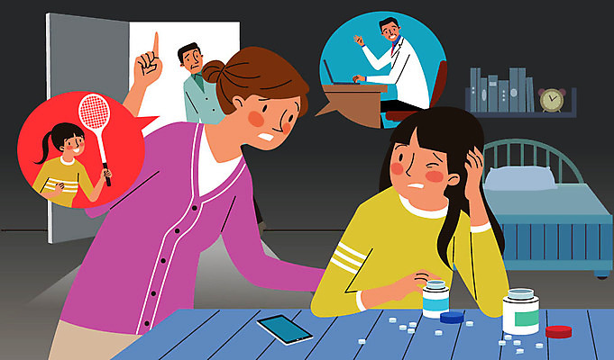 여자 남자 시계 말풍선 일러스트 사람 여러명 취미 치료 책 스마트폰 약 의사 침대 테니스라켓 도움 약병 예방 자살예방 국내일러스트 AI파일 가구 다수 컨셉 의학 핸드폰 스마트기기 의료진 테니스 라켓 병_담는 파일형식 벡터